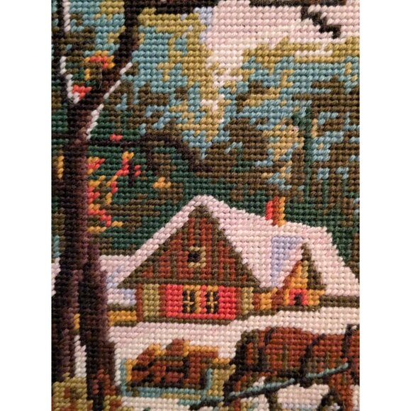 Vintage Framed Needlepoint Cross Stitch Winter Scene With Horse & Cottage - Picture 3 of 14